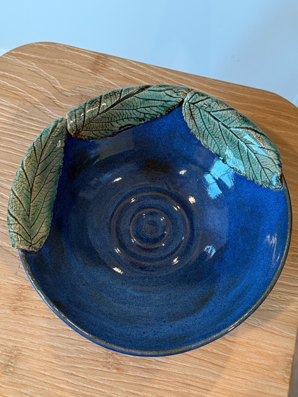 Studio Pottery Bowl Blue Green Leaf Detail Cottagecore Rustic Coastal Handmade